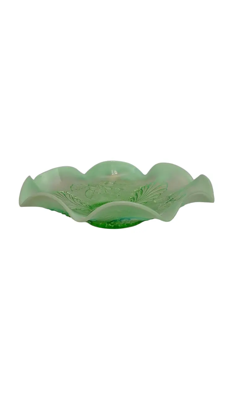 Antique Northwood Green Opalescent Blossoms & Palms Ruffled Bowl – Antique Pressed Glass