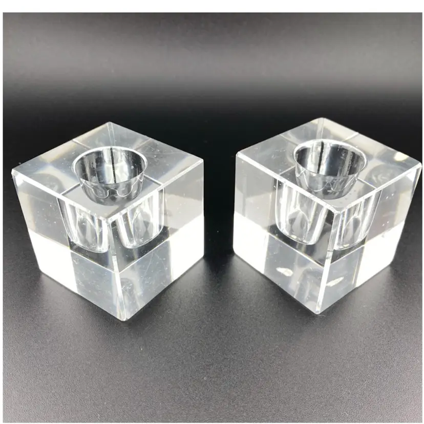 MCM Glass Cube Candle Holders Faceted Chunky Heavy Vintage