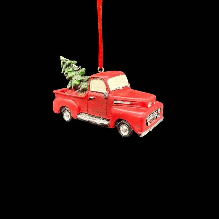 Red Farm Truck & Tree Christmas Ornament Hanging 3D Resin Country Cabincore