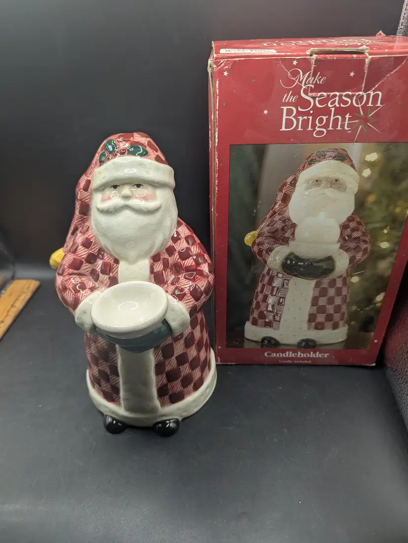 Vintage Make The Season Bright Santa Candle Holder No Candle Included.