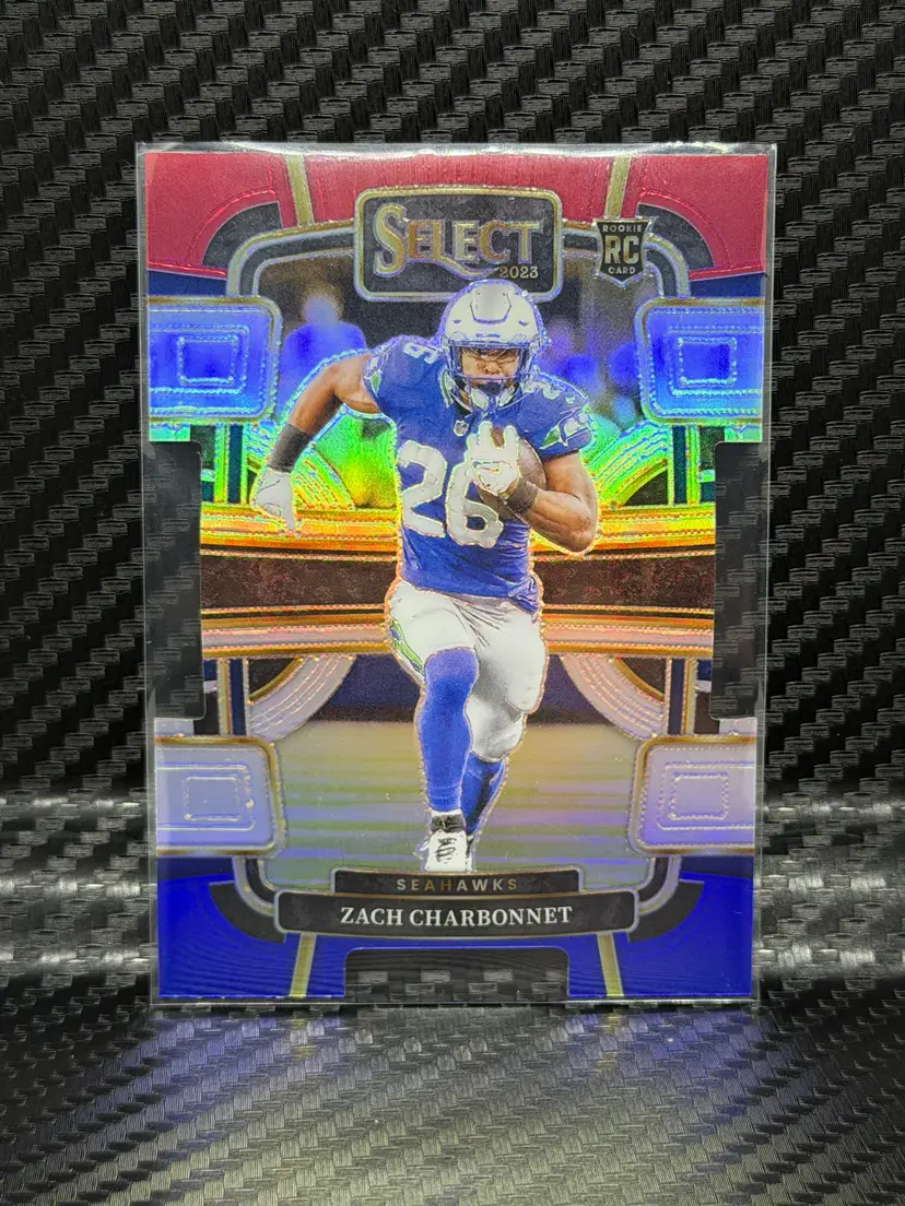 2023 Panini Select Concourse Zach Charbonnet #86 Red & Blue Prizm Die-Cut RC