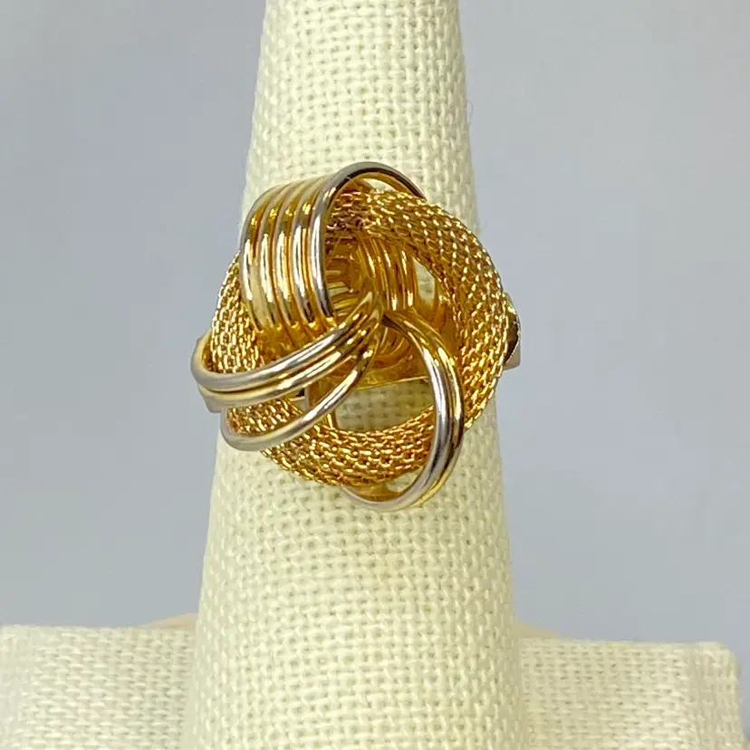 Vintage Retro Knot Spiral Mesh Weave Gold Tone Dimensional Adjustable Band Ring
