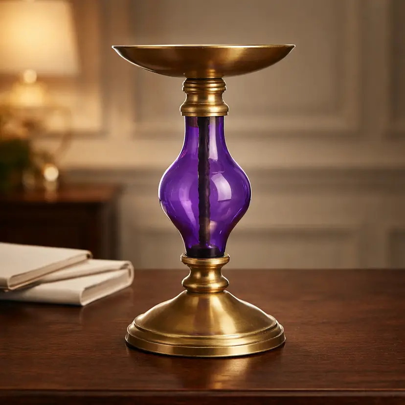 Vintage Brass Candle Holder w/ Purple Glass Orb in the Center, 8.5" Tall