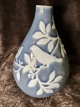 Studio Pottery Art Slate Blue Vase With Flowers And Bird
