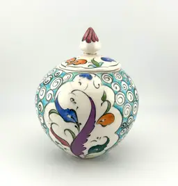 Vintage Turkish Ceramic Lidded Jar 4”x 5.25”