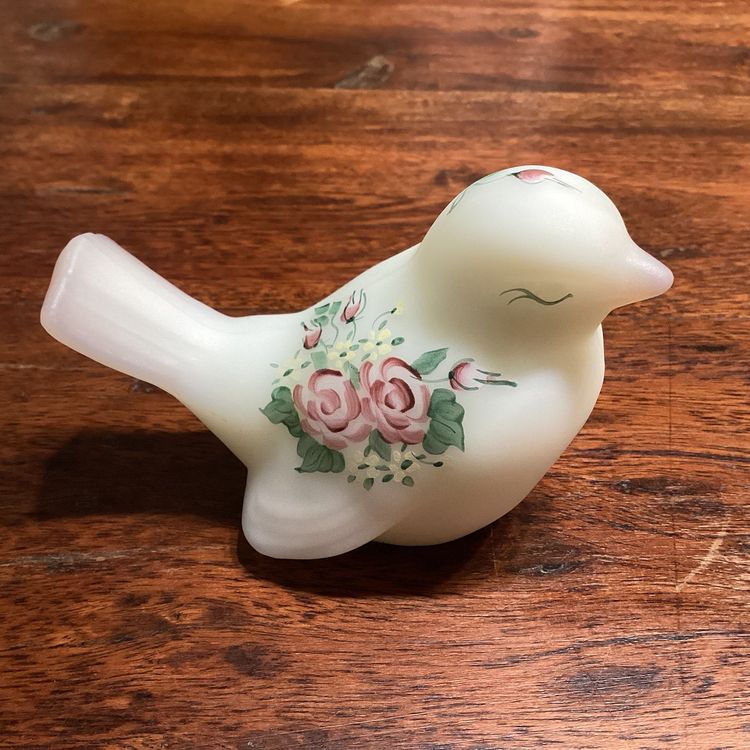 2659-Vintage Fenton Satin Glass Bird, Hand Painted, Signed, 2 3/4 X 4“