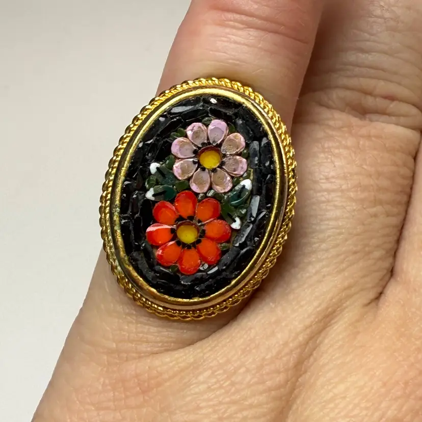 Vintage Oversized Micro Mosaic Gold Tone Adjustable Ring Black Red Orange Floral
