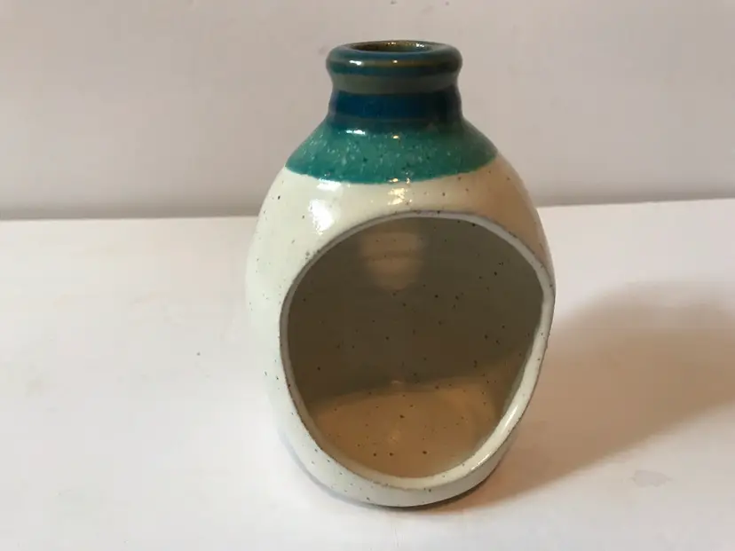 Indian Mountain Pottery Watts Signed aqua Stripe brown Speckle candle holder jug