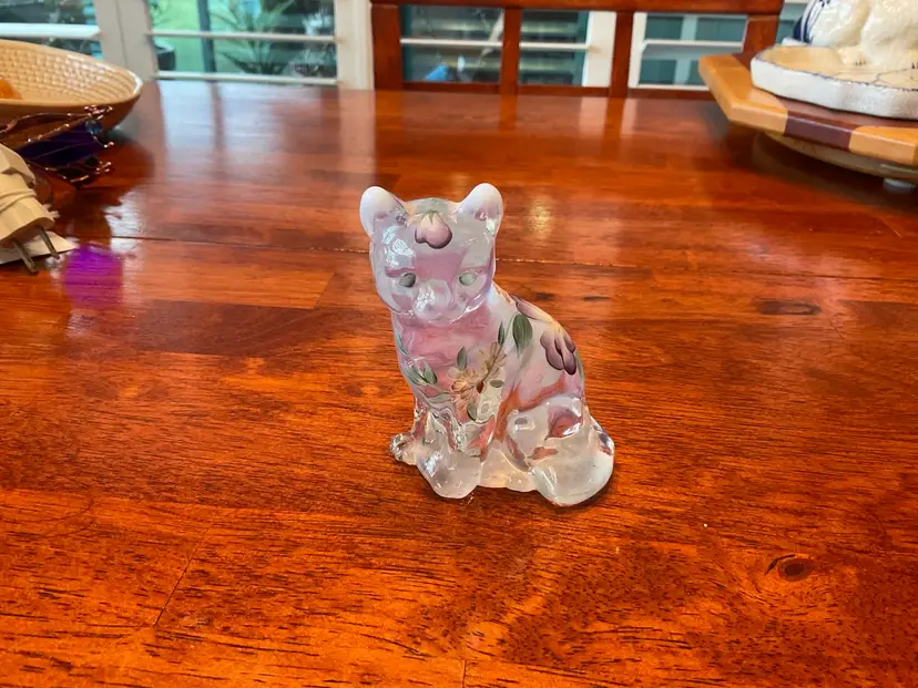 Hand Painted Fenton Opalescent Glass Cat Paperweight; Vintage Fenton Glass Kitten
