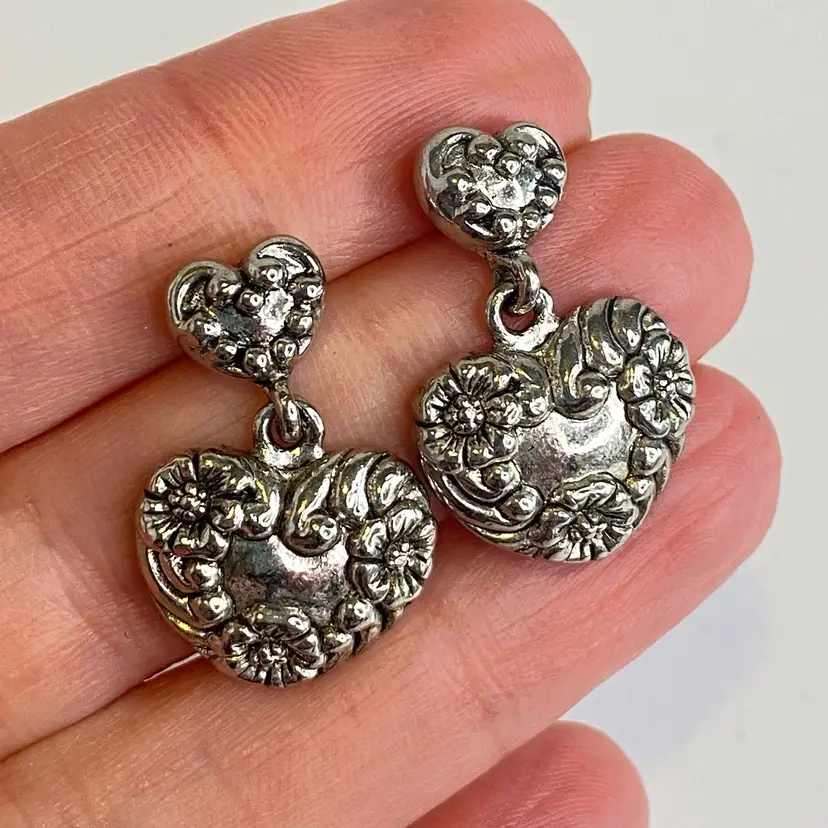 #02 Vintage Silver Tone Double Heart Earrings Floral Dangle Post Pierced Ornate 1"