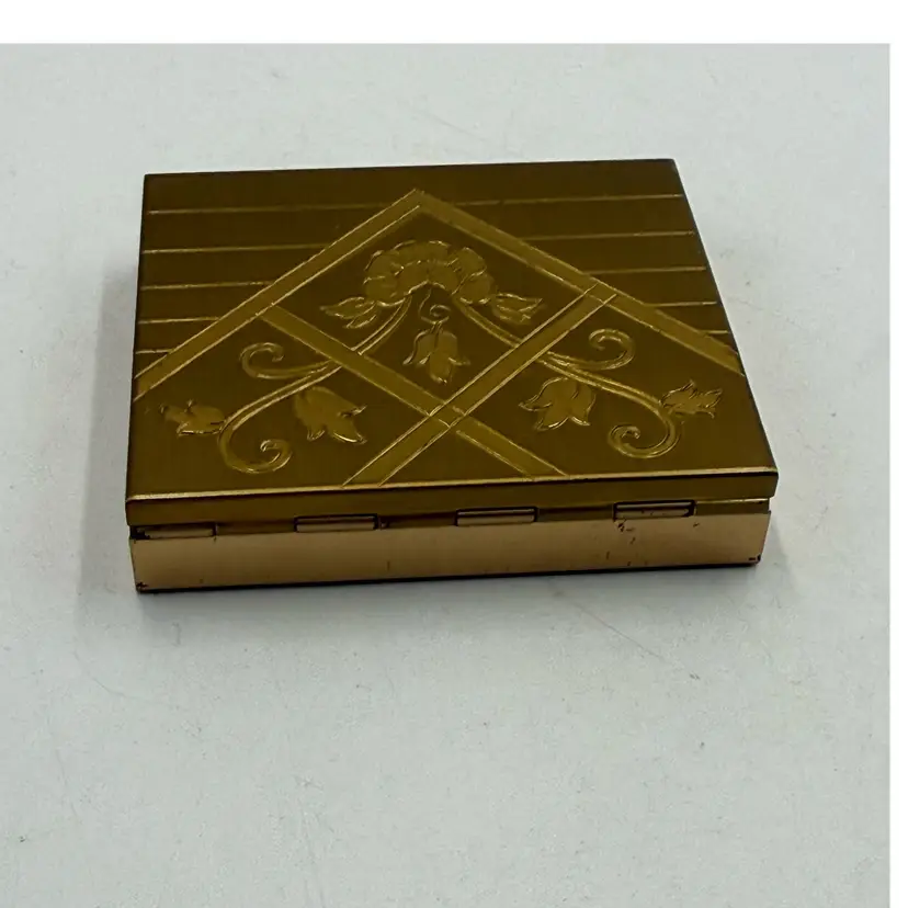 Vintage MCM Gold Toned Metal Cosmetic Empty Compact With Mirror Flower Design