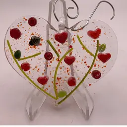 Made by Me! Fused Glass Ornament Heart with 3D Red Flowers & Bee 3" x 2.5" Handcrafted Studio Art