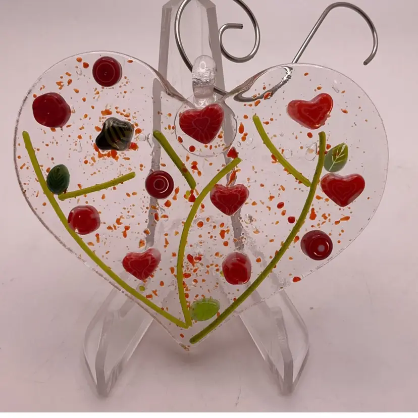 Made by Me! Fused Glass Ornament Heart with 3D Red Flowers & Bee 3" x 2.5" Handcrafted Studio Art