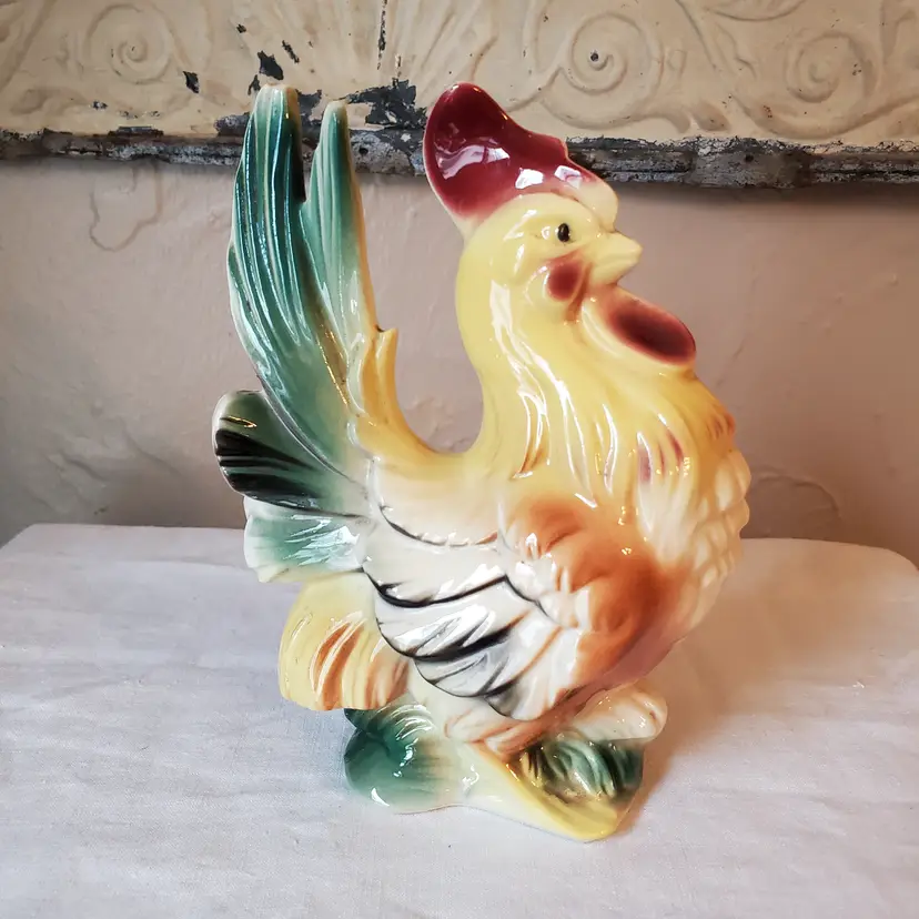 Ceramic Rooster Figurine Green Tail Yellow Head MCM