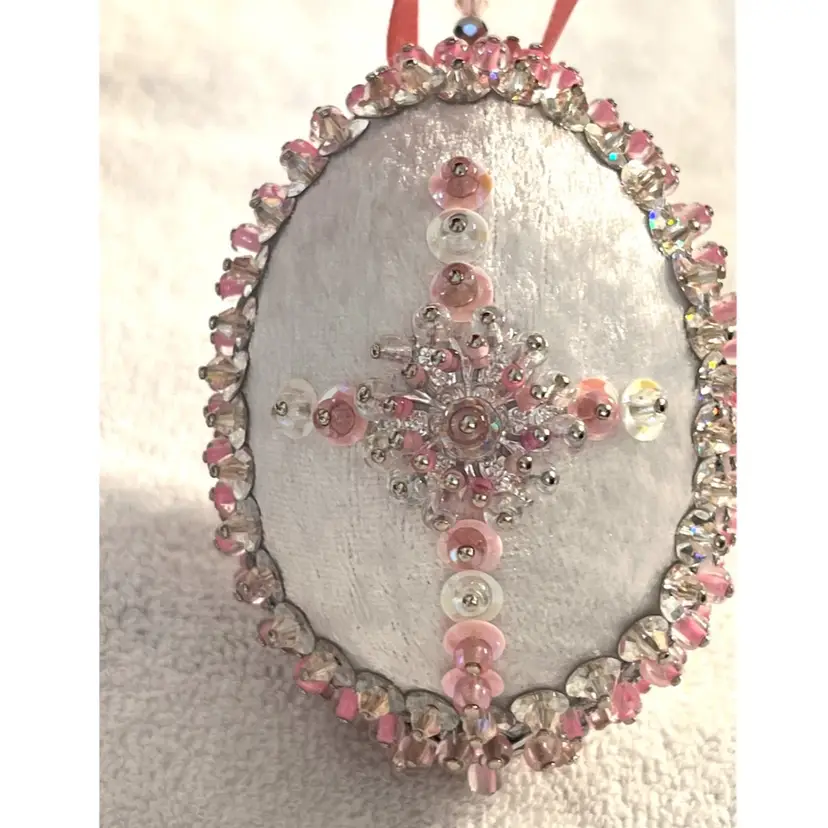 Handmade Vintage Style Push Pin Easter Egg Ornament Beads Sequins Ribbon 3.5 in Height