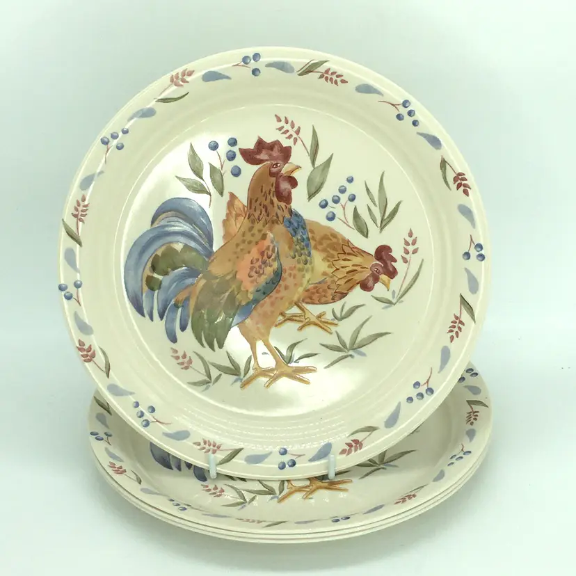 Corelle Country Morning Rooster Hen DINNER Plates 10.25" Set of 4 = VTG