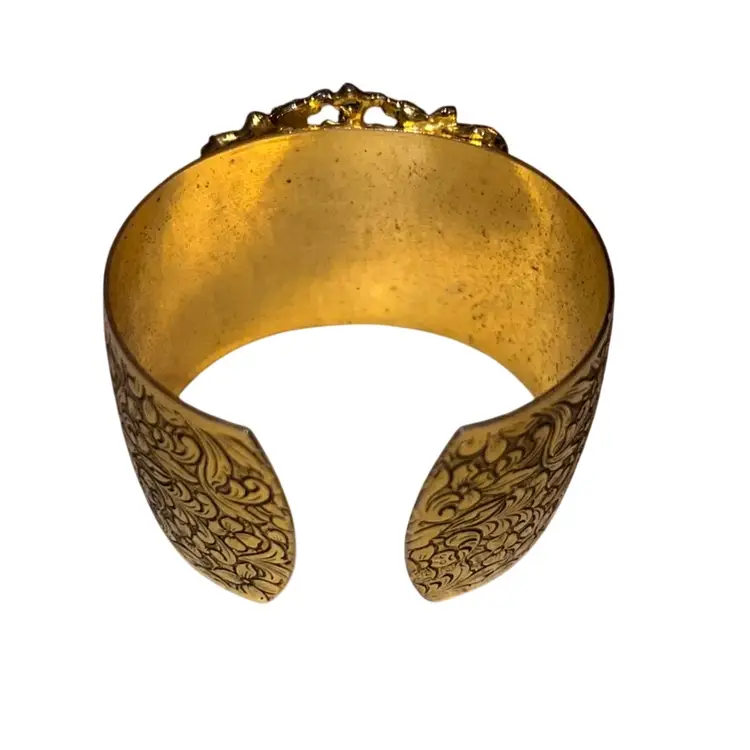 Midcentury Chunky Green Stone Cuff Gold Tone