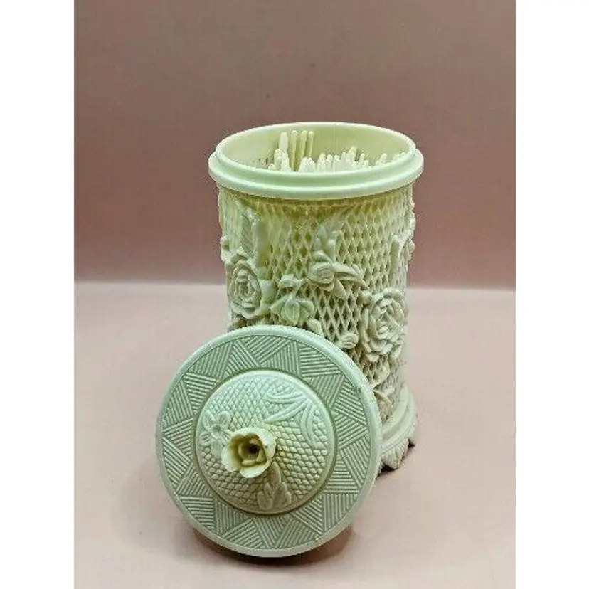 Vintage Ivory Rose Plastic Celluloid Jar w/36 Hors d'oeuvre Forks Hong Kong