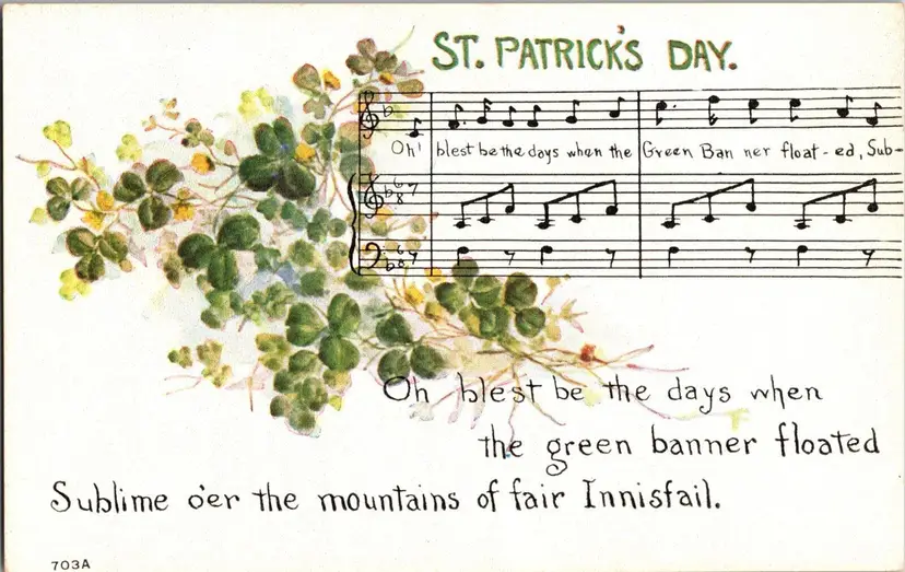 Postcard St Patrick's Day Music Songs of Innisfail Four Leaf Clover Irish