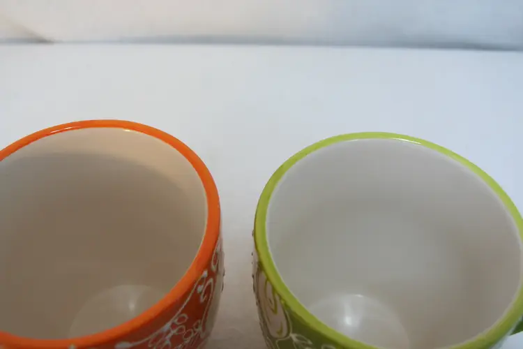 Laurie Gates Mistral Embossed Green Orange Coffee Tea Mug Cup 16 oz Set of 2