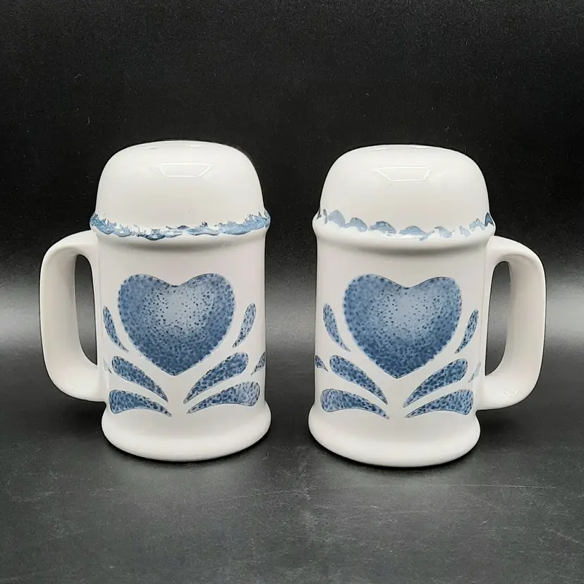 Vintage Blue Spongeware Heart Salt & Pepper Shakers Cottagecore House of Lloyd 1992