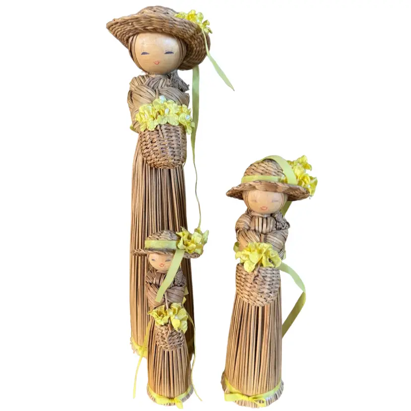 Vintage Set Of Three Broom Straw Dolls Made In Hawaii