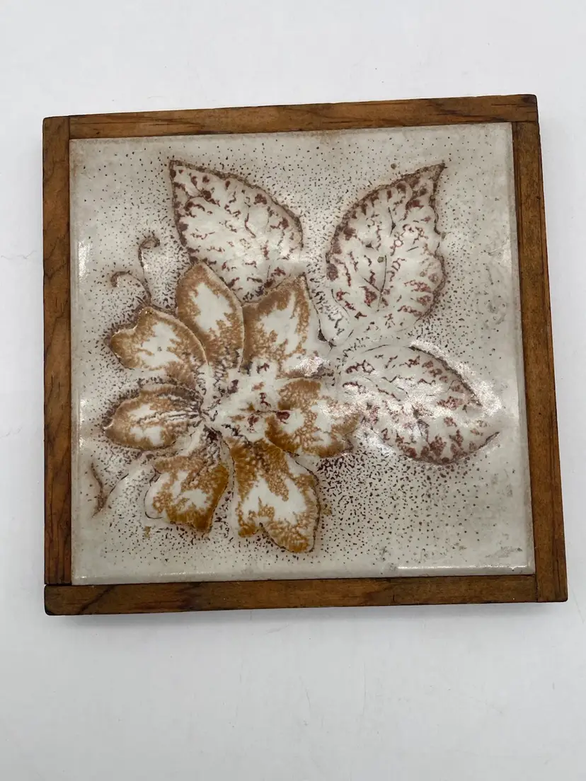 Wood Framed Fall Leaf Floral Ceramic Tile