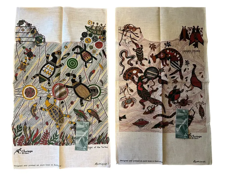 Rodriquez Churinga Australia Linen Tea Towels – Kangaroo Dreaming & Turtles