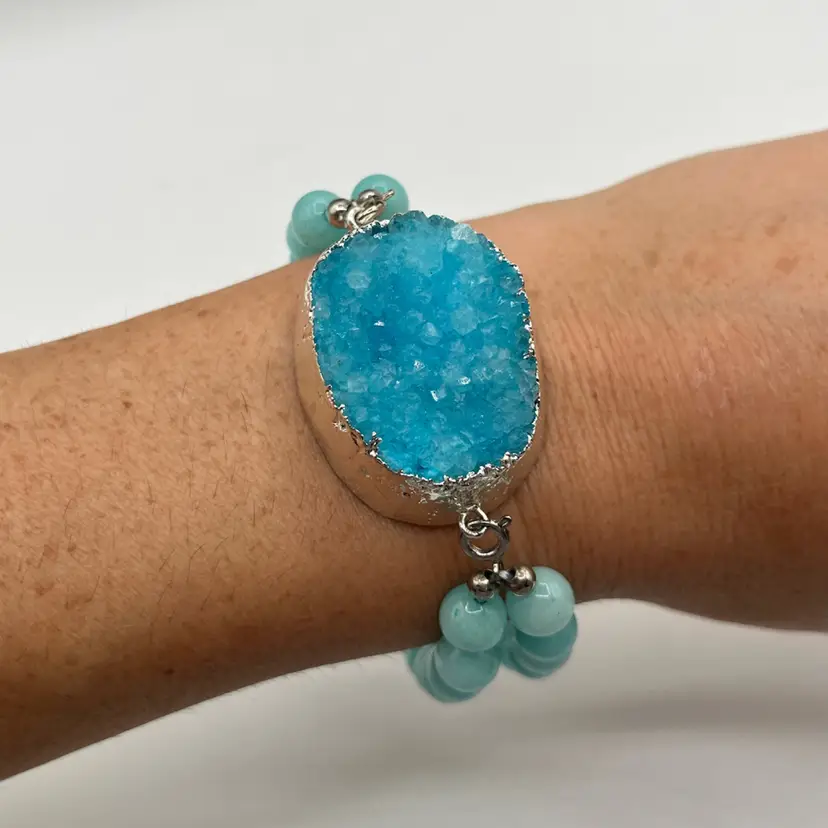 Summer - Light Blue Gemstone Stone Adjustable Statement Bracelet - 7.5” to 8.25”