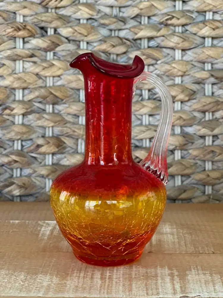 Vintage GLOW Hand Blown AMBERINA  Crackled Glass Pitcher Ruffled Edge