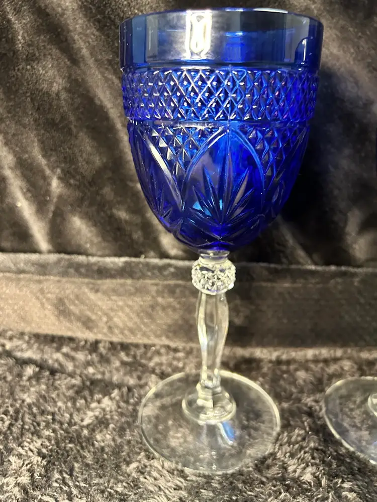 Set Of 2 Vintage Cristal D'Arques Water Goblets Sapphire Blue Embossed