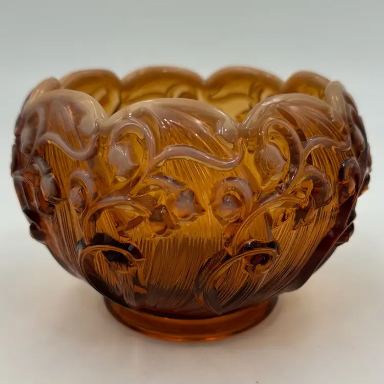 Vintage Fenton Amber bowl cameo opal essence. Lily of the valley pinched ruffled.