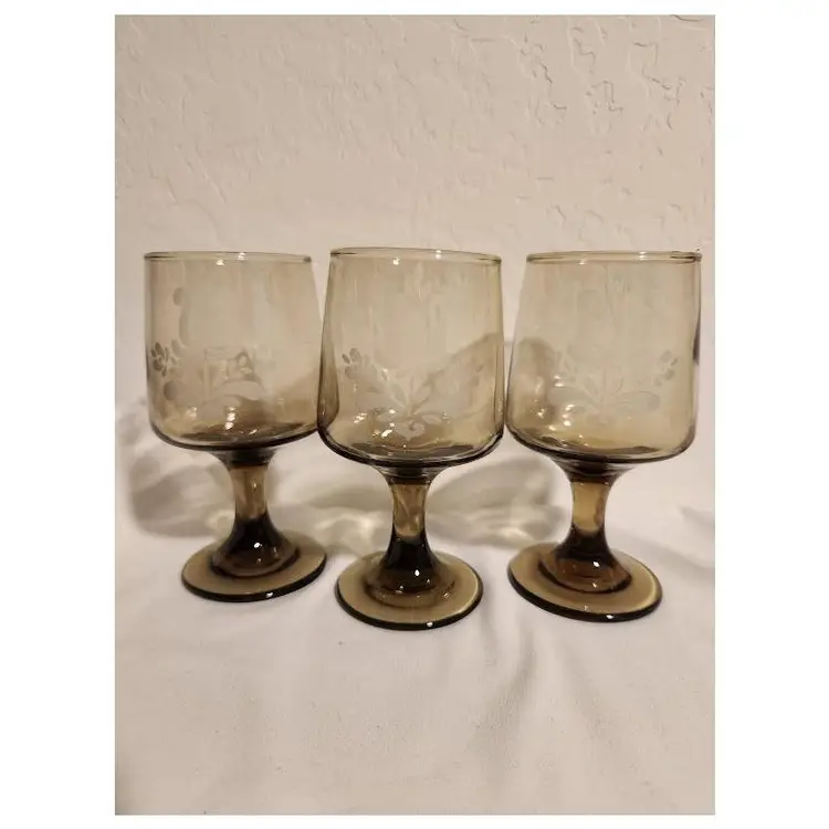 Vintage Pfaltzgraff Village Etched Amber Wine Glass Set