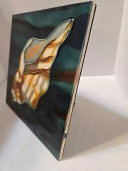 Beautiful Handcrafted Art Tile Painted and Glazed 8" x 8" on Stand Seashell
