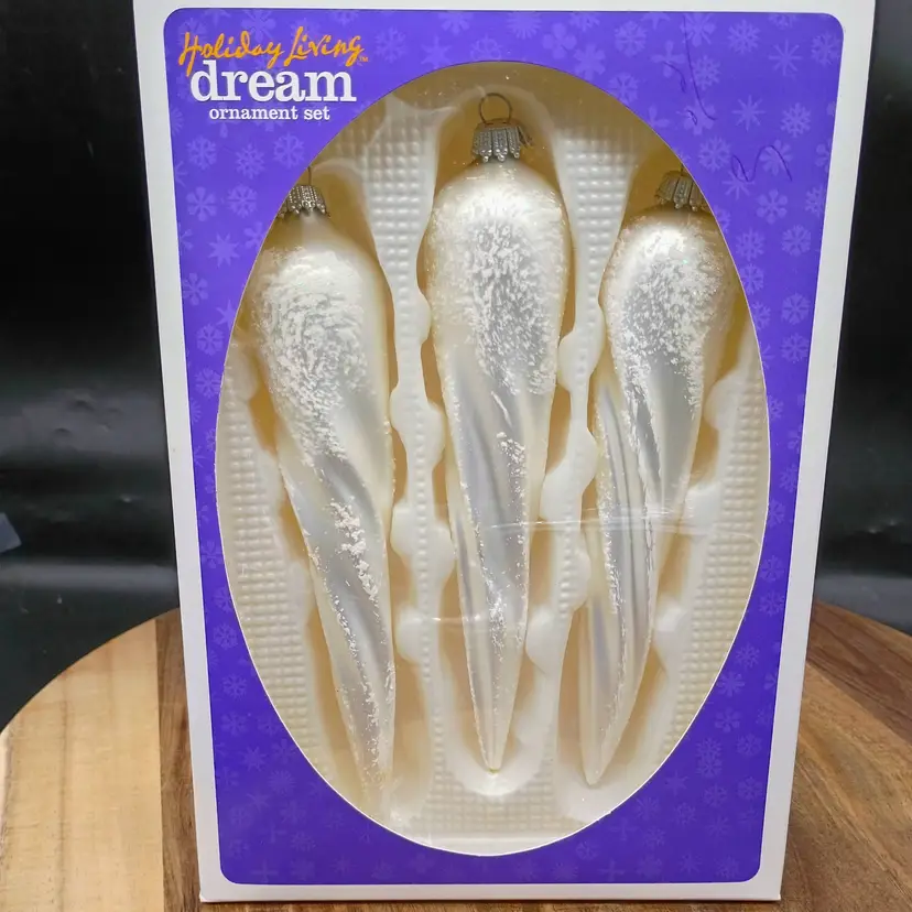 Holiday Living Hand Blown Glass Ornaments 3PC Set in box White Icicles .