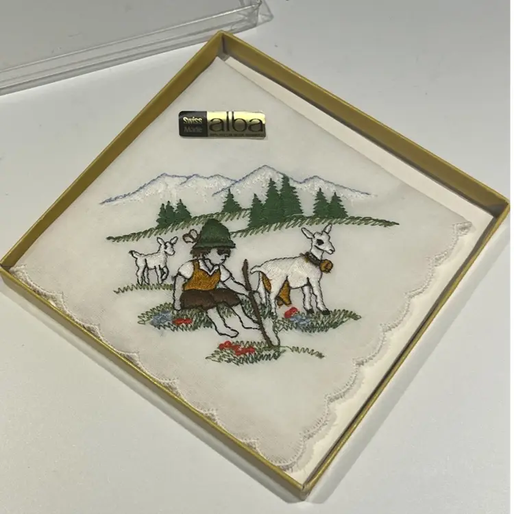 Vintage Swiss- By Alba- Embroidered Handkerchief – Shepherd & Mountain Goats Scene, Boxed, 100% Cotton