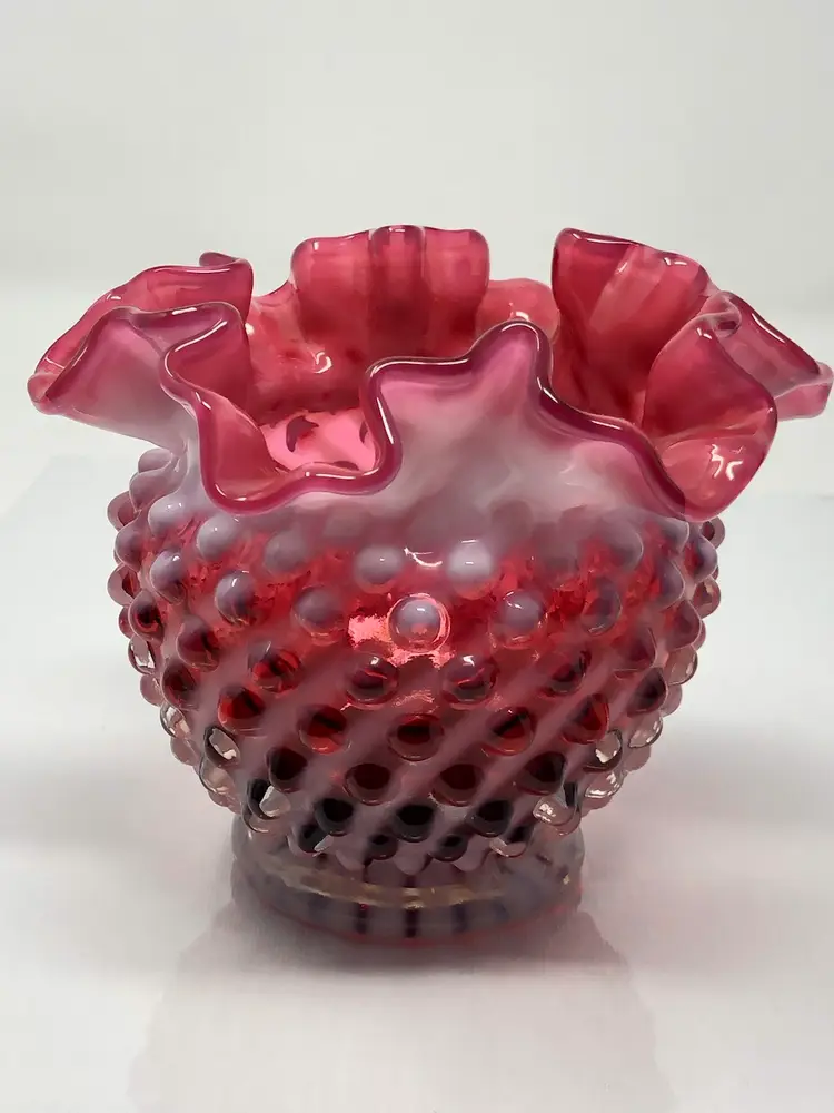 Fenton Cranberry Opalescent Hobnail Ruffle Top Rose Bowl Vase