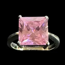 Large Vintage Square Pink Stone Silver Tone Ring - Size 8.25