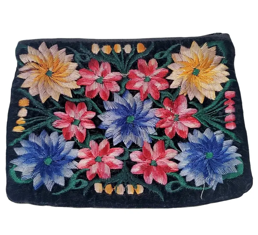 Vintage Velvet Embroidered Flowers Floral Clutch Make-Up Purse 5" x 6.5"