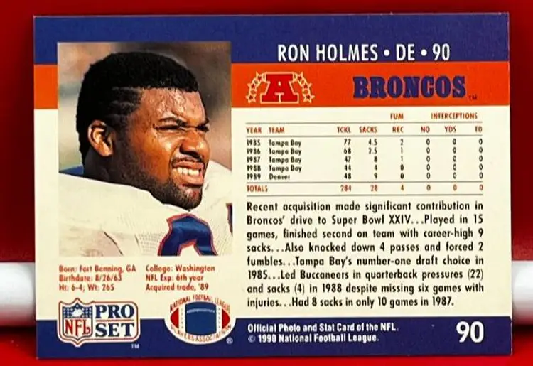 1990 NFL Pro Set Collector Football Trading Card Broncos Ron Holmes #90