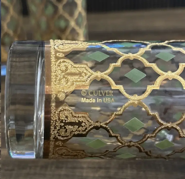 Culver Valencia Lowball Glass 22K Gold Green Diamonds Vintage MCM Barware