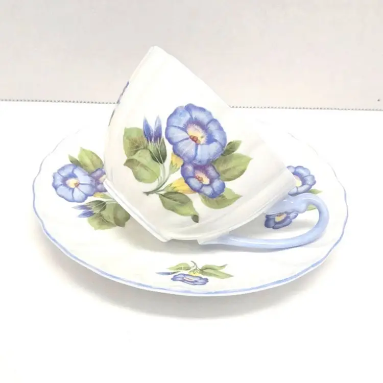 Shelley Teacup & Saucer Set Morning Glory Pattern/English Bone China/White/Blue/Floral Pattern/Floral Teacup Saucer Set/Tea/Teacup/Saucer