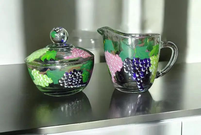 Vintage Anchor Hocking Grapes Glass Creamer Sugar Set Handpainted Fruit