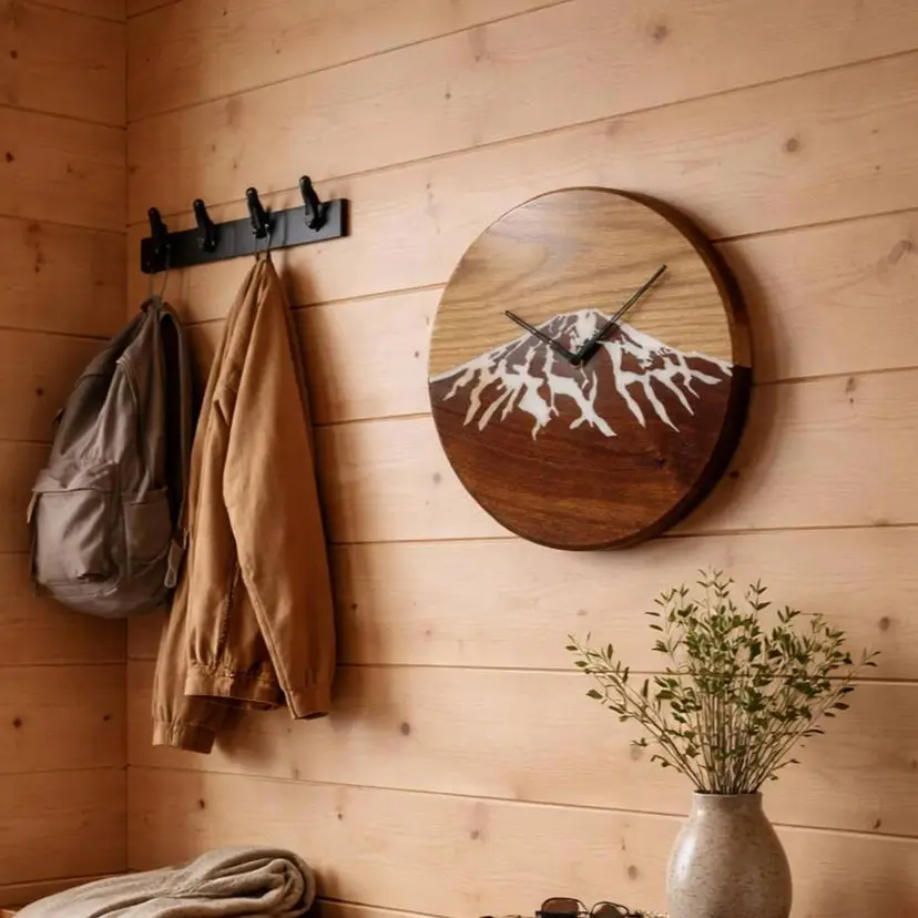 Walnut & Maple Mt. Bachelor Wall Clock with White Resin Inlay