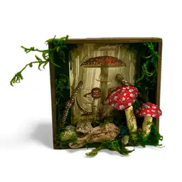 Handmade Up-Cycled “Toadstool Grove” Shadow Box With Mushrooms