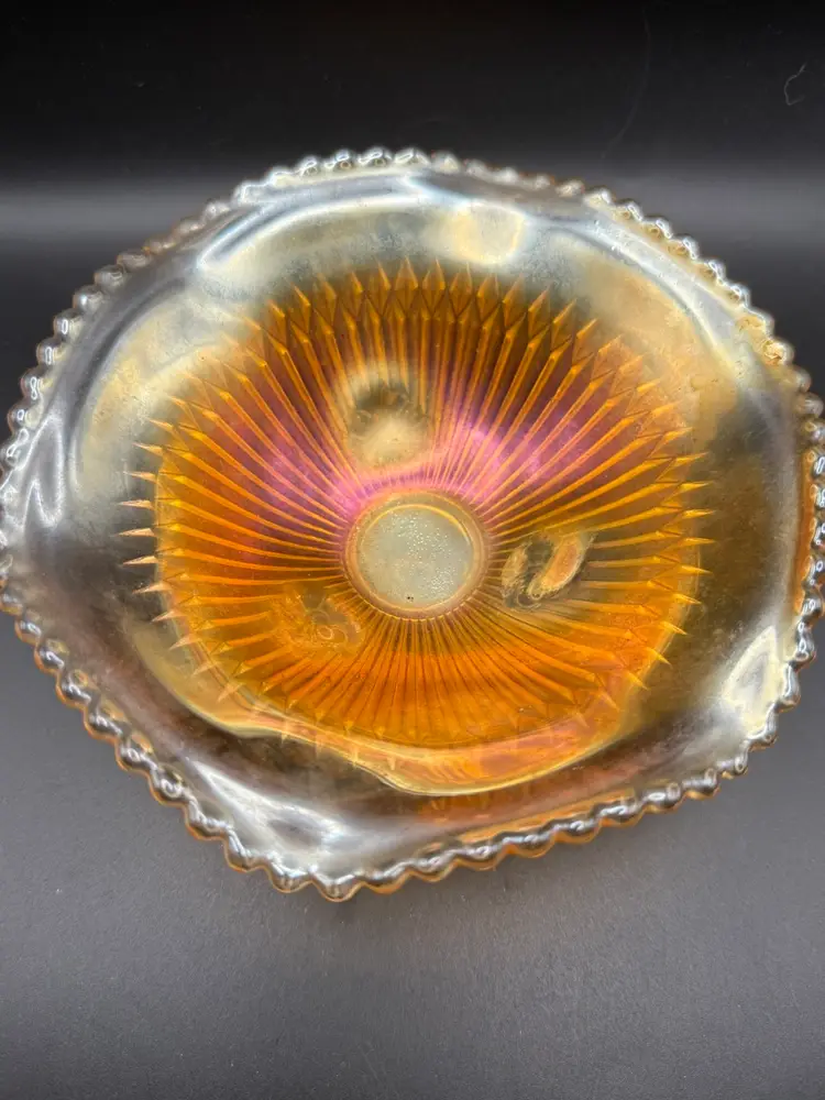 Jeannette Anniversary Pattern Marigold Iridescent Carnival Glass Footed Bowl