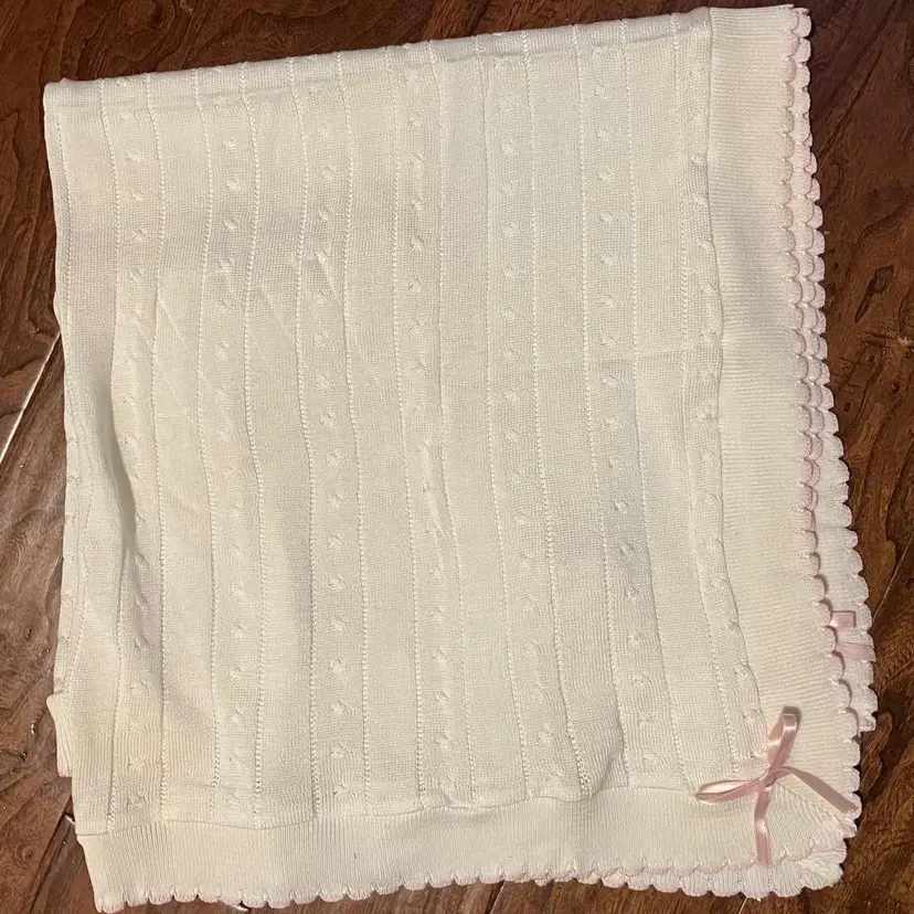 Vintage New RN white pink 100% cotton baby blanket Custom made in Portugal 22295