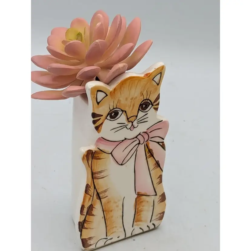 Hand Painted Tabby Cat Kitten Wall Pocket Desk Vase Takahashi Japan