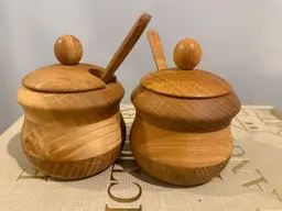 Handmade Oak Wood Sugar Bowl and Salt Cellar Set with Lids and Spoons