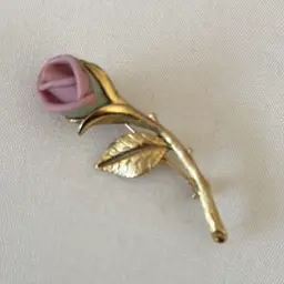 Vtg Pink Porcelain Rose Brooch Gold Tone